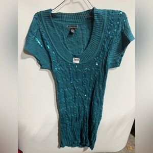 #3047-Akualani Teal V-Neck Sweater with Sequins